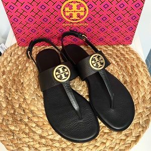 NEW Tory Burch Benton 2 Flat Thong Sandal Calf Leather Size 7 Color Black